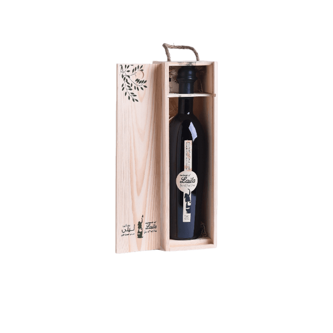 Orchards of Laila single wooden gift box with organic extra virgin olive oil